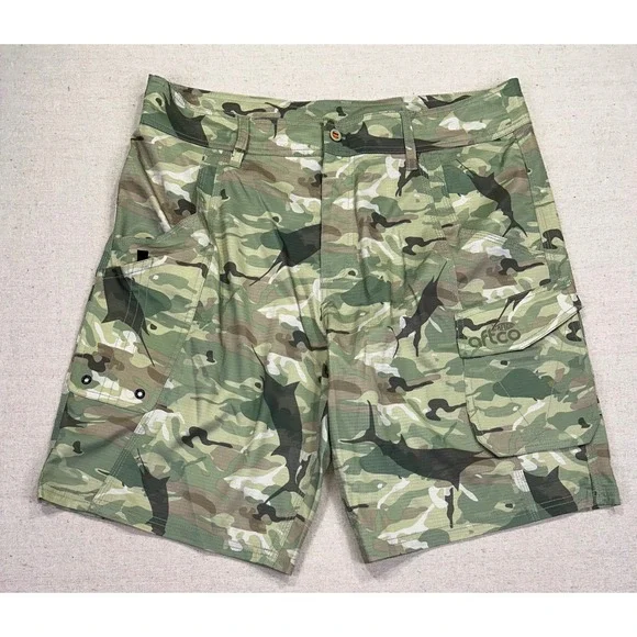 AFTCO Mens 36 Marlin Camo Fishing Cargo Shorts Green Ripstop 6 Pocket - Picture 1 of 8